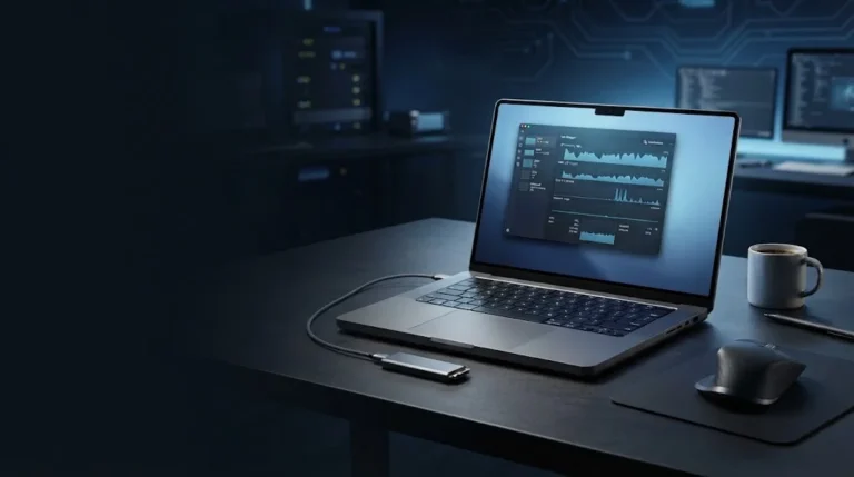 Laptop running slow on a desk with troubleshooting tools, representing 10 ways to speed up a slow laptop